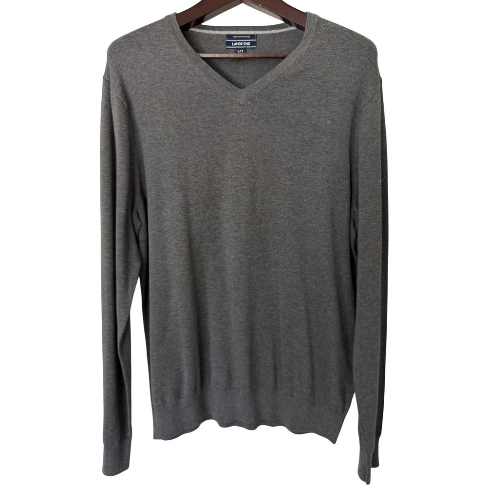 Lands End Mens Gray Supima Cotton V-Neck Sweater Size L Tall LT 42-44 NEW